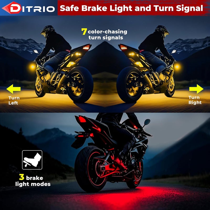 DITRIO 18PCS 5 Sides Full Angle RGB Motorcycle LED Underglow Kit with APP and 2 Remote Control,Brake Light Bright Waterproof Music Mode Easy Install Underglow Lights, Fit for Most Motorcycles Scooter - Image 4